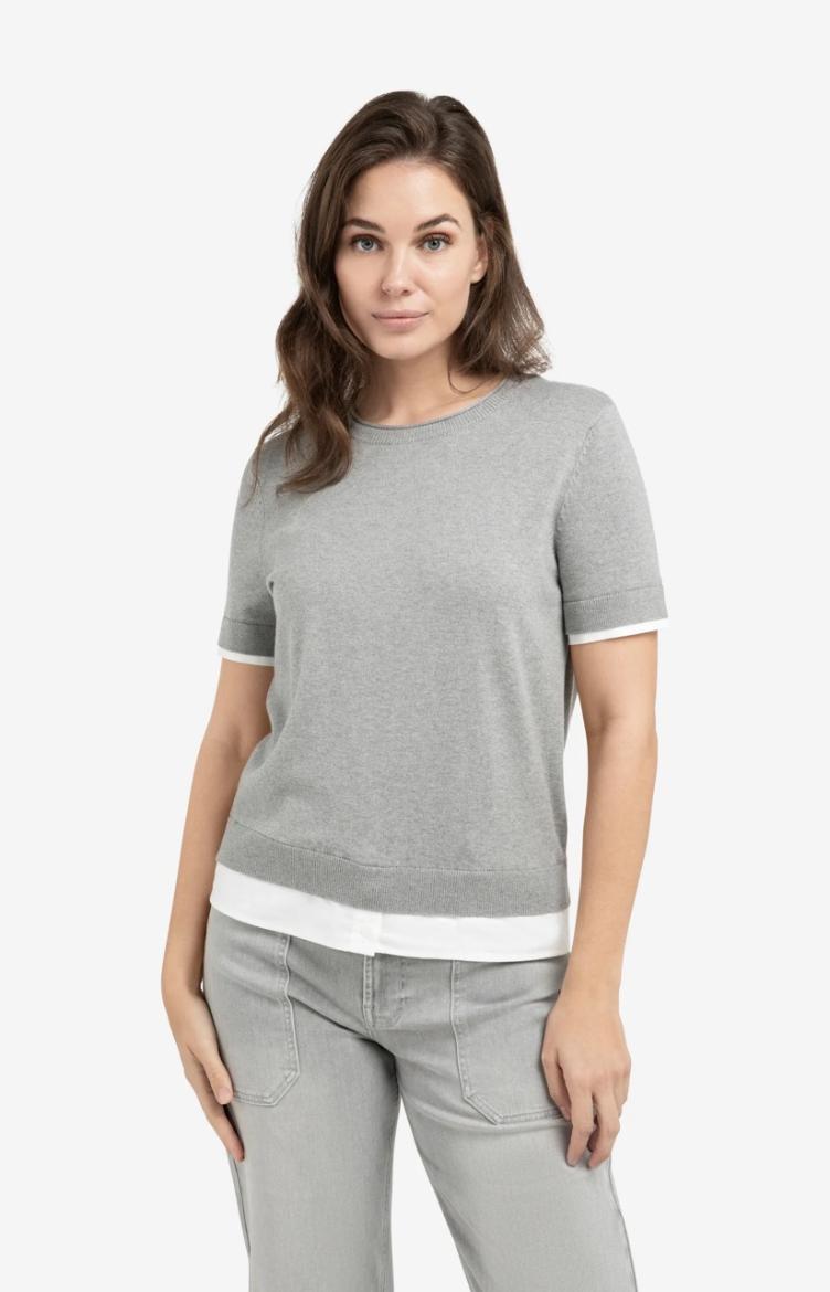 Pulli kurzarm hellgrau mit weiss