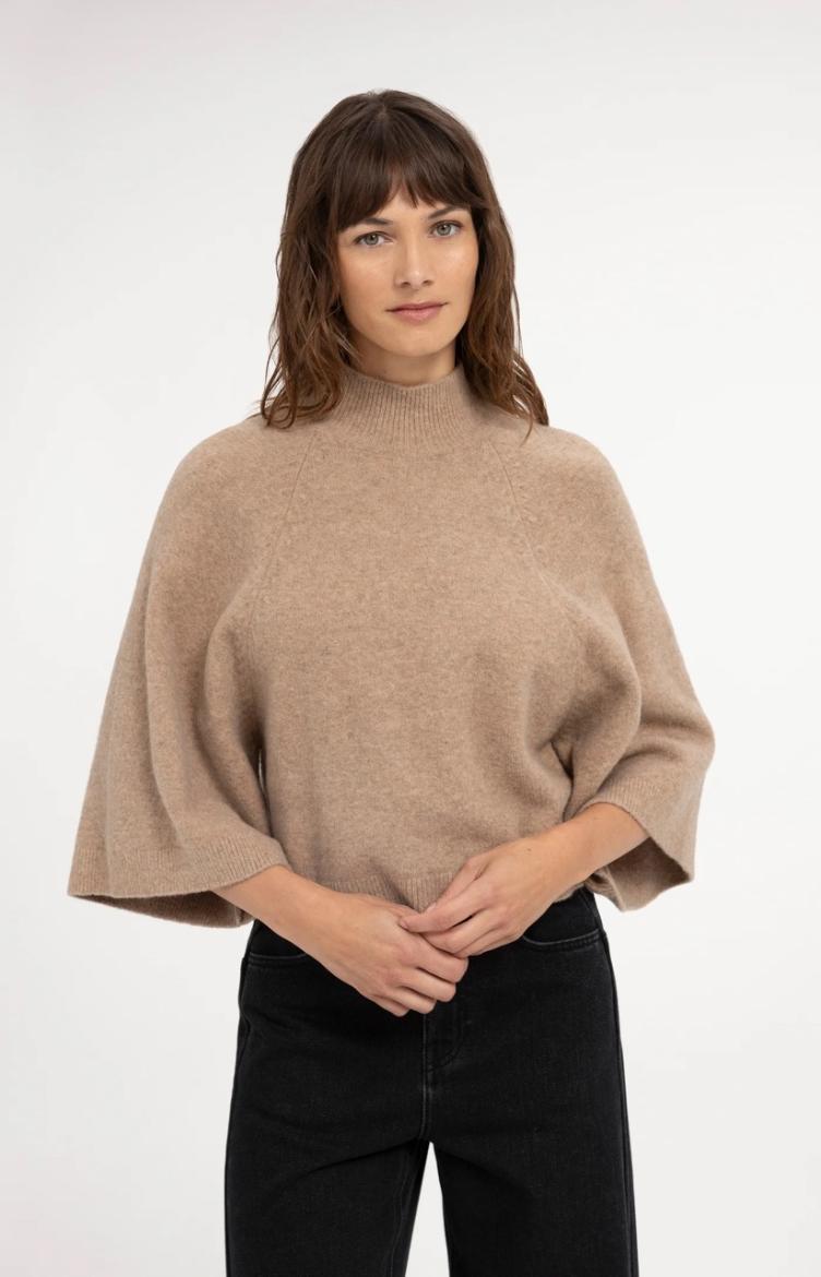 Pullover mit weiten Ärmeln und hohem Kragen Dark beige Melange
