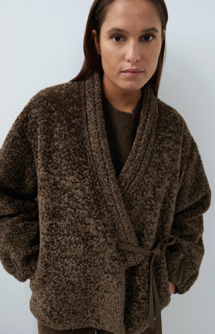 Teddyjacke in Wickeloptik mit Bindegürtel Slate black brown