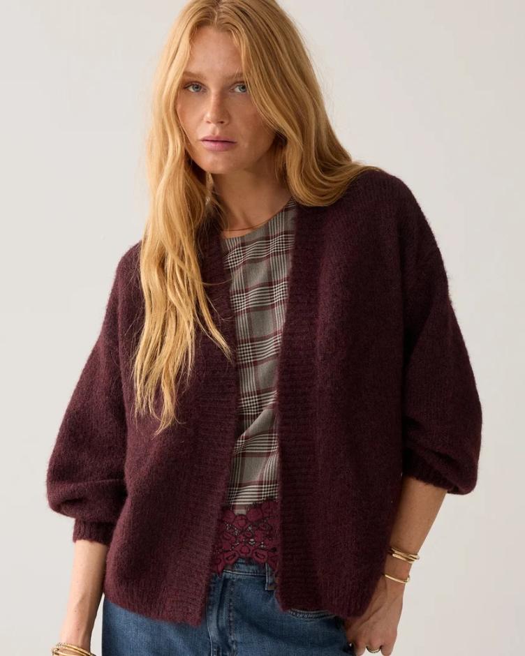 Weiche Strickjacke mit Puffärmeln dark burgundy