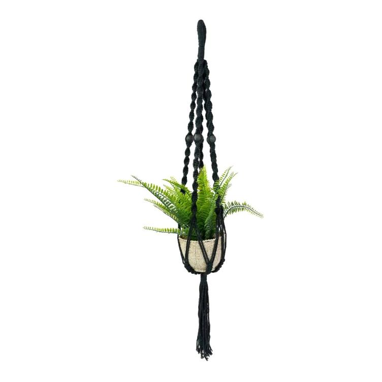 Macrame Pflanzenaufhänger schwarze Perlen